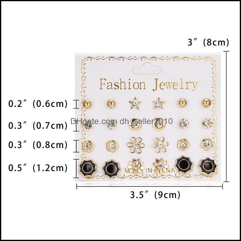 12pairs/set fashion crystal bead charm stud earrings set for women geometric flower bowknot pearl earring statement party jewelry gift