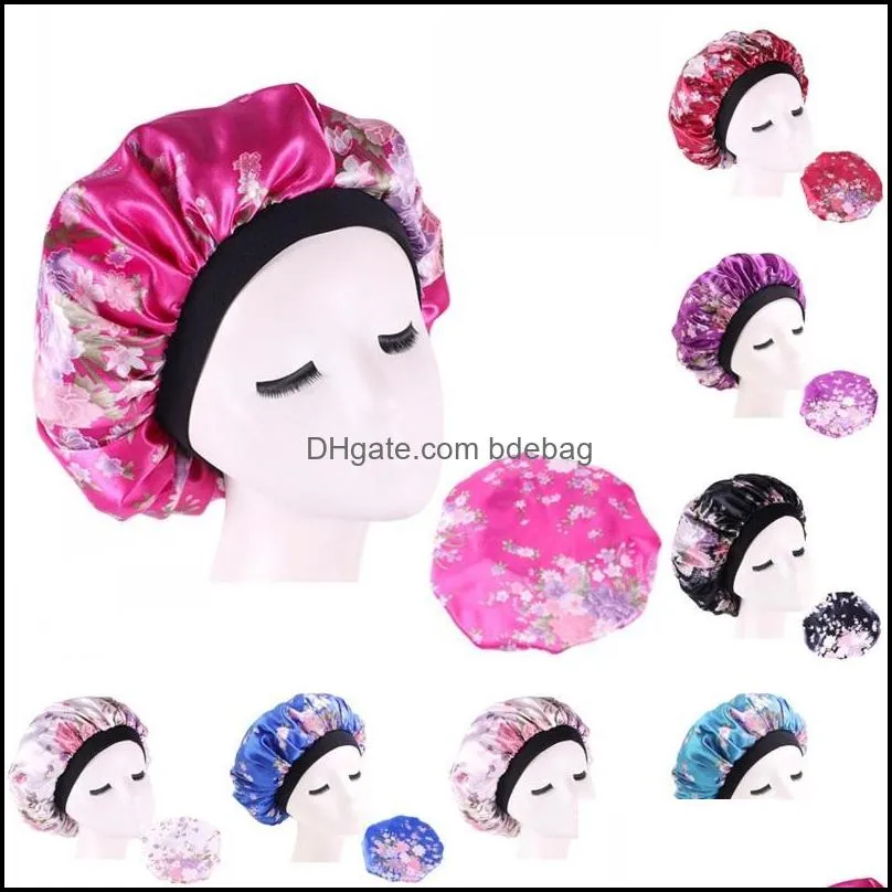 flower elastic bath cloth hat broad brim round silk satin bathroom hair bonnets woman head wrap home sleep fitted hats 4 7ba g2