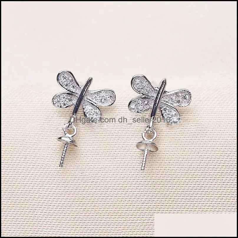 925 silver pearl earings setting zircon solid dragonfly earing setting pearl ring mounting earings blank diy jewelry gift for fmale