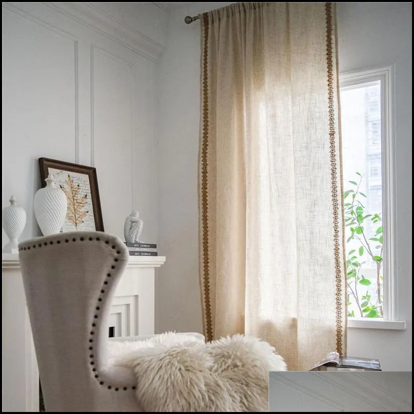 cotton and linen curtains for living room semishading window curtains for bedroom flax woven lace curtains fabric drapes