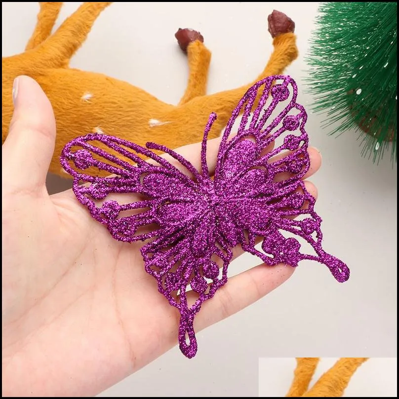 christmas decorations butterflies xmas tree ornaments glitter artificial flower diy crafts decor single layer gold powder 220914