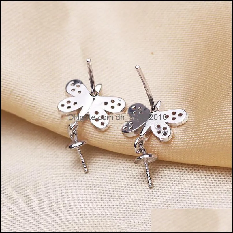 925 silver pearl earings setting zircon solid dragonfly earing setting pearl ring mounting earings blank diy jewelry gift for fmale