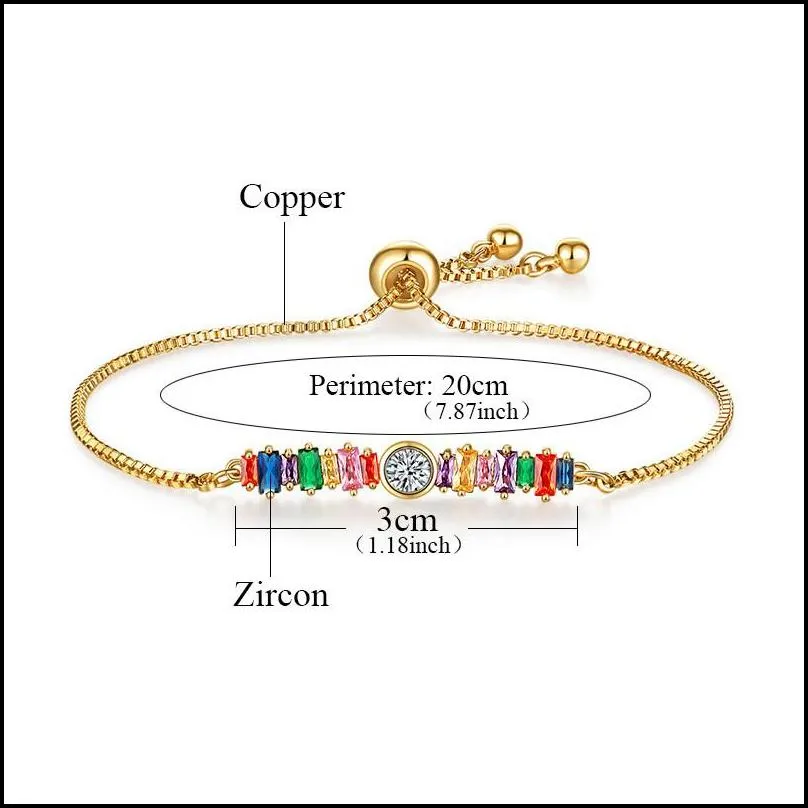 gold rainbow zircon bracelet colorful adjustable chain tennis rainbow bracelet for women girls fashion jewelry box chain bracelet