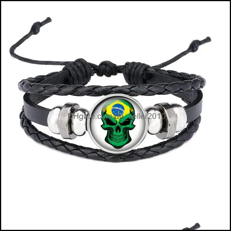 new brazil national flag cabochon snap charm mens leather bracelet adjust size leather bracelet for football fans b047