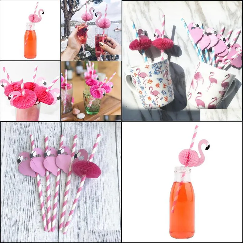 packaging dinner service 25pcs 3d flamingo pink jungle paper drinking straws lot summer pool straw birthday wedding party decorations