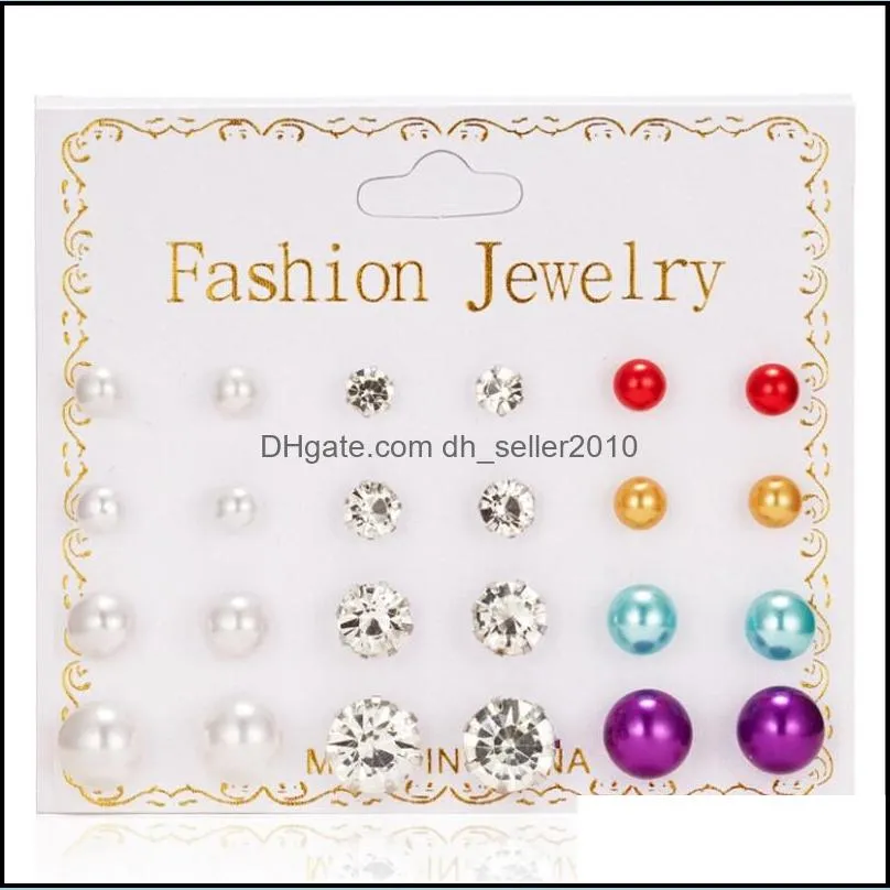 12pairs/set fashion crystal bead charm stud earrings set for women geometric flower bowknot pearl earring statement party jewelry gift
