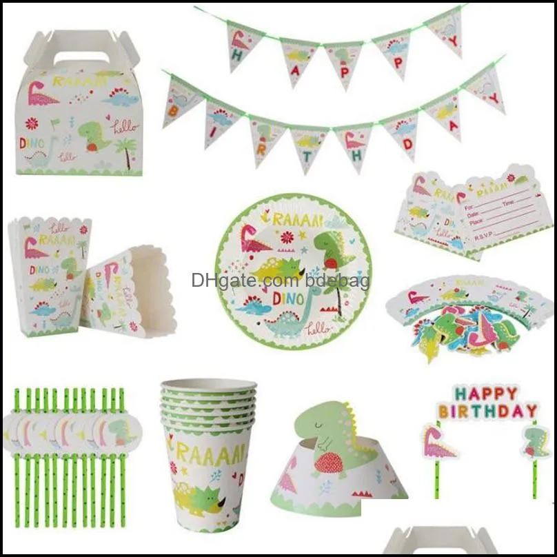 49pcs dinosaur theme party tableware set paper plate cup napkin banner dino happy 1st birthday party decoration for kids boys 1405 t2