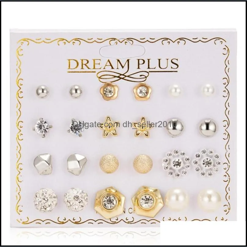 12pairs/set fashion crystal bead charm stud earrings set for women geometric flower bowknot pearl earring statement party jewelry gift