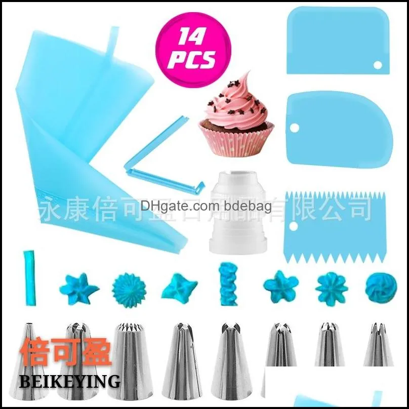 14 pcs suit cake nozzle bag clip bag small converter scraper kit stainless steel baking flower decoration utensils multi color 4 2ky