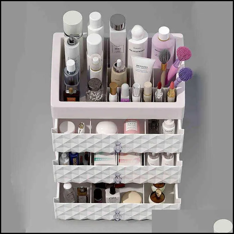 cosmetics storage box three layer drawer makeup jewelry organizer desktop lipstick nail oil container beauty cosmetic case 211102