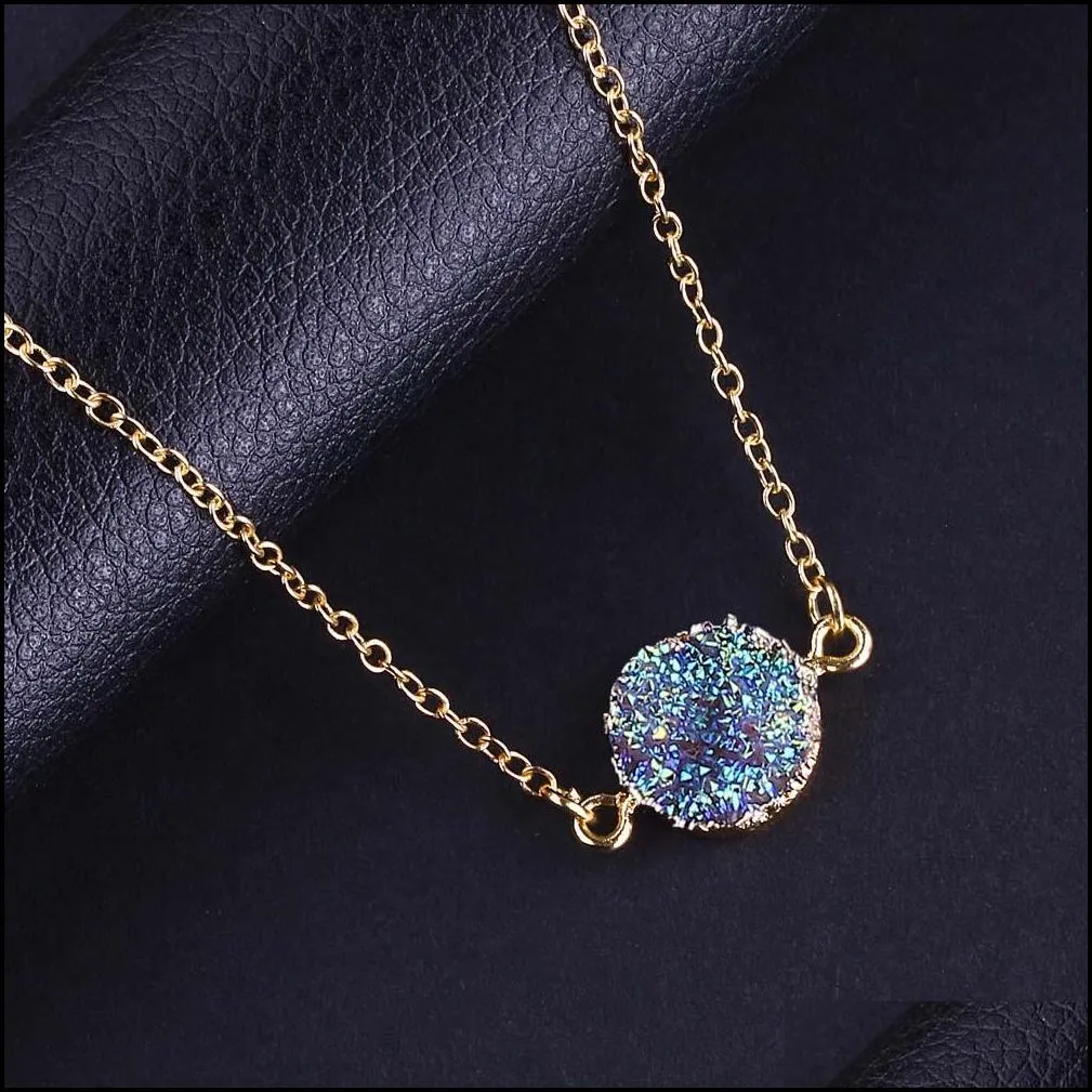 new design resin stone druzy necklaces 5 colors gold plated geometry stone pendant necklace for elegant women girls fashion jewelry