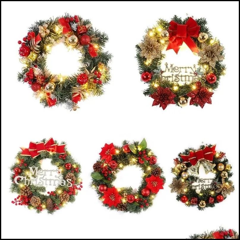 christmas decorations led light wreath artificial pinecone red berry garland hanging ornaments front door wall xmas tree 220909