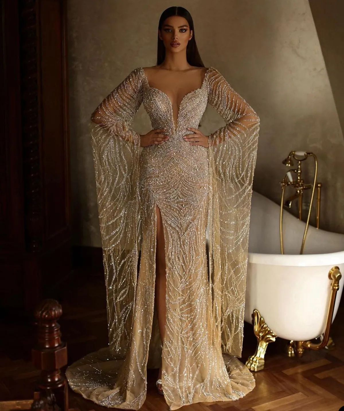 Saudi Arabia Haute Couture Mermaid Wedding Dress Illusion High Split Bridal Gowns Bride Princess Celebrity Beads Sequins Robes