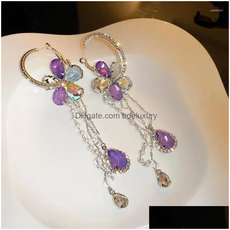 dangle earrings korean flower drop women 2022 trend ladies fashion purple crystal chain tassel summer holiday brincos jewelry