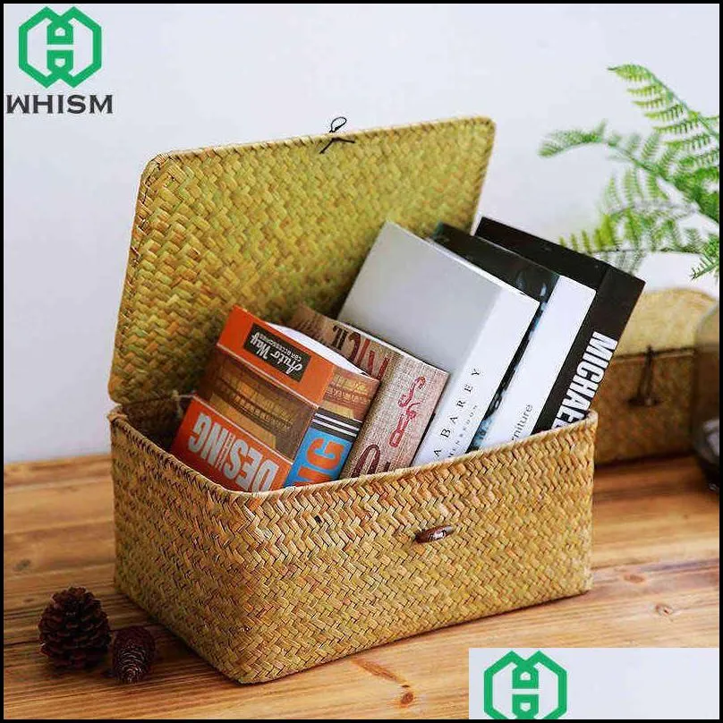 whism handmade woven storage box with lid rattan basket jewelry food container makeup organizer toys es 211102