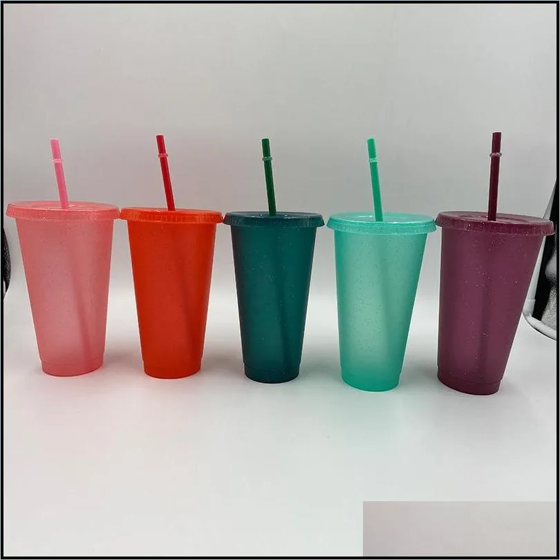 500/700ml flash powder water bottle with straws lid plastic reusable personalized drinkware coffee drinking cup christmas gifts 3 2hy