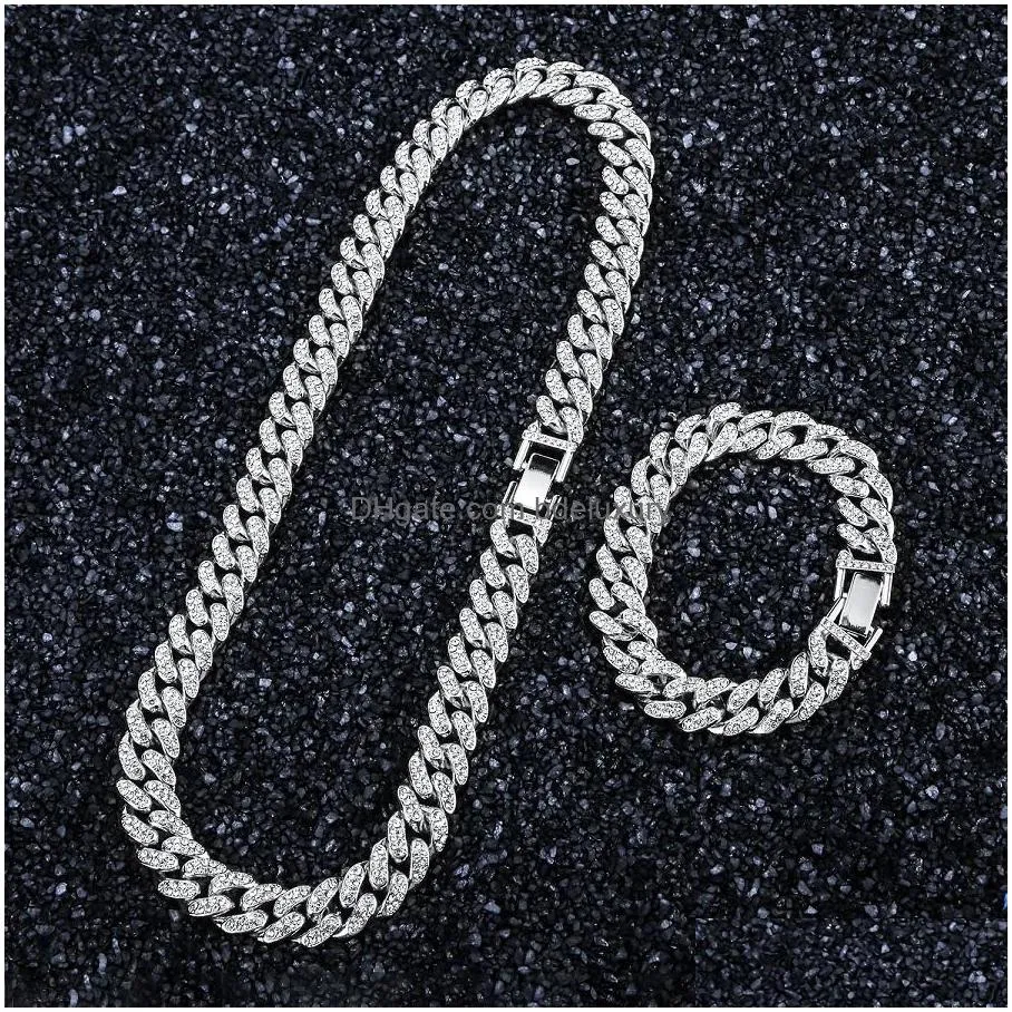 men finish  cuban link chains necklace hip hop fashion jewelry bling iced out rhinestone 18inch 20inch 24inch golden silver for