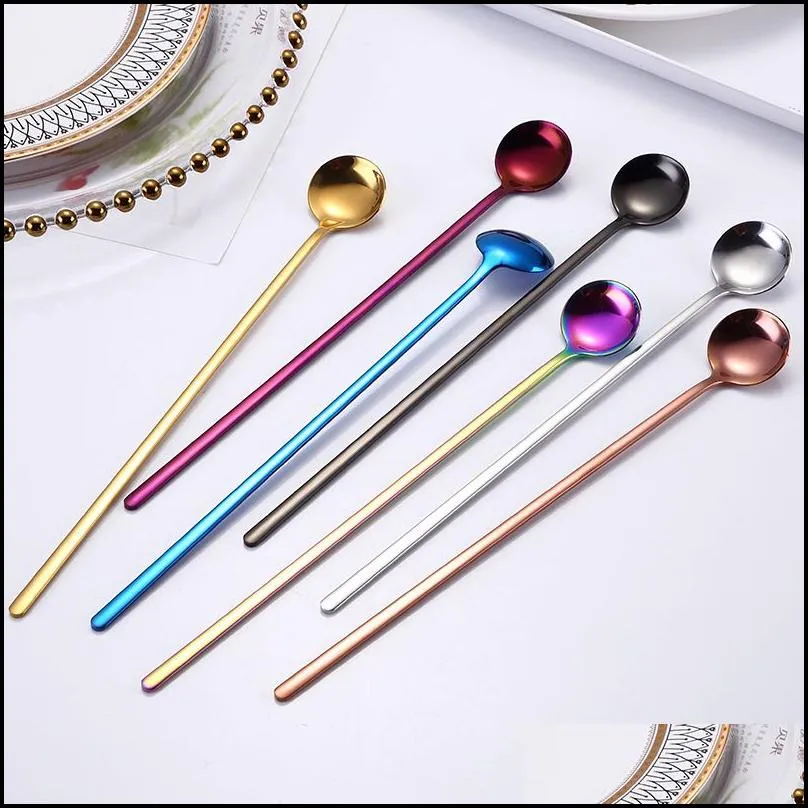 rainbow color coffee tea stir spoon long handle ice cream dessert spoons ecofriendly stainless steel tableware kitchen supplies 3 08xc