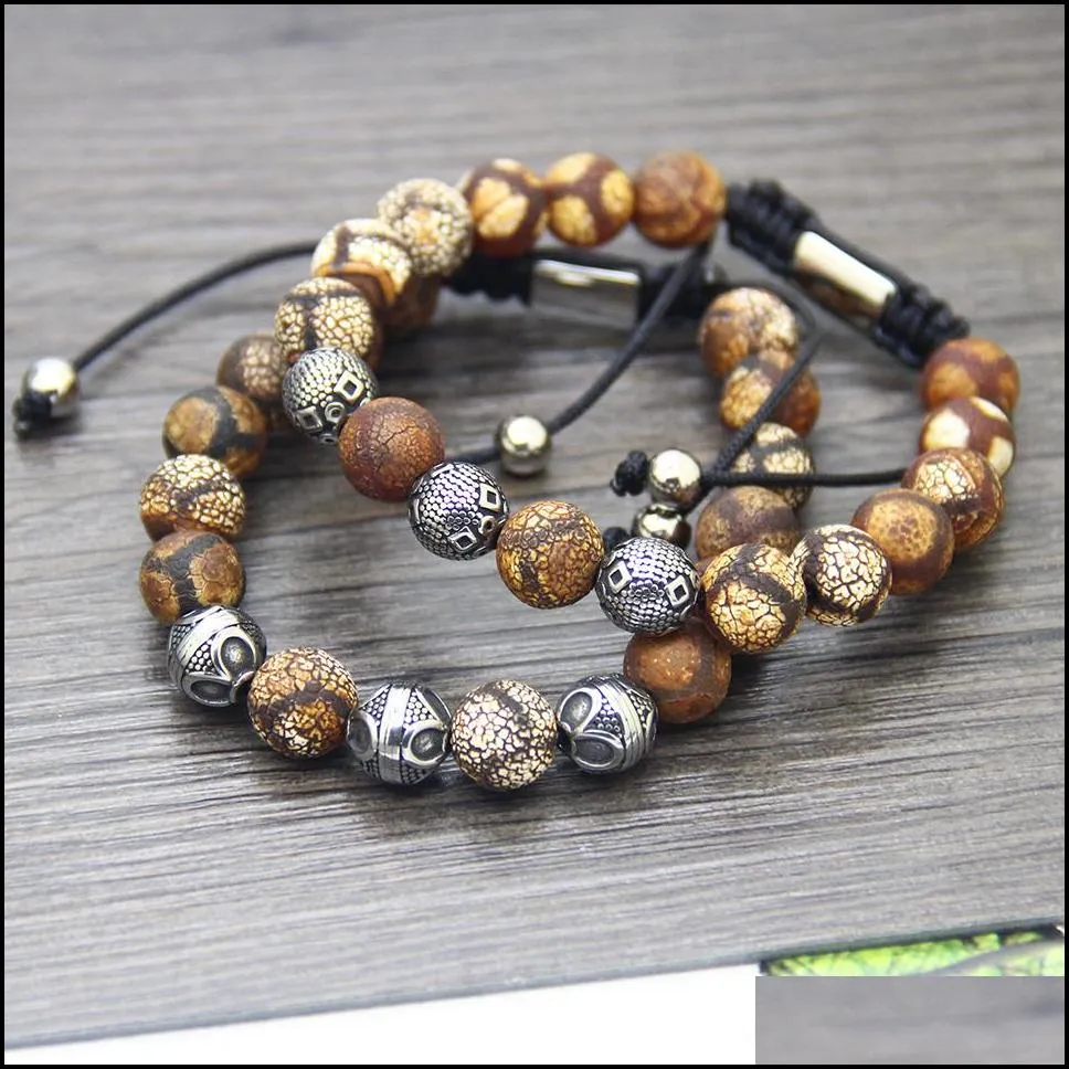 men stainless steel bangle bracelet wholesale 10pcs/lot 10mm natural dzi eye stone with stainless steel ball bead macrame bracelets