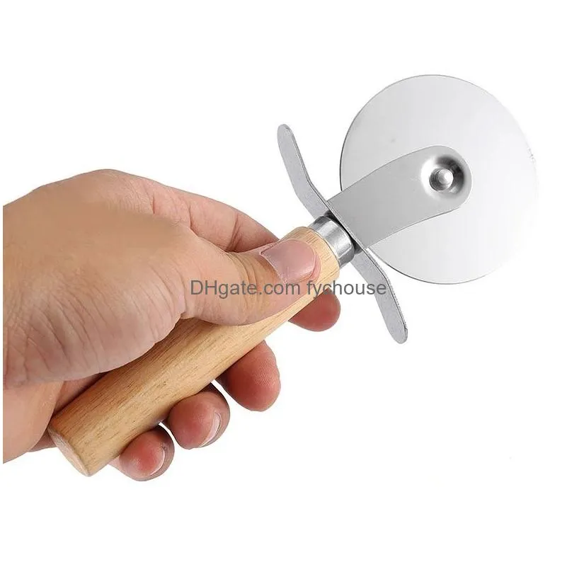 round pizza cutter tool stainless steel confortable with wooden handle pizza knife cutters pastry pasta dough kitchen bakeware tools