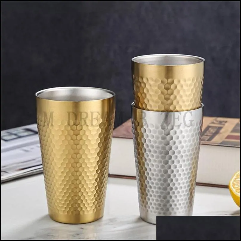 304 stainless steel beer mug diamond pattern hammer water cup double-layer tea coffee mugs