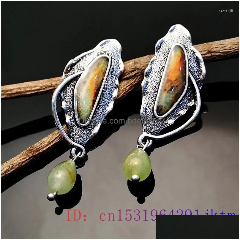 dangle earrings green jade luxury talismans charms fashion amulets real natural charm vintage 925 silver chinese jewelry gift women