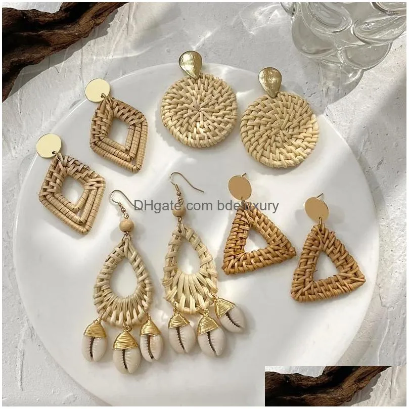 dangle earrings aensoa handmade wooden rattan knit drop for women geometric round triangle braid pendent beach jewelry gift