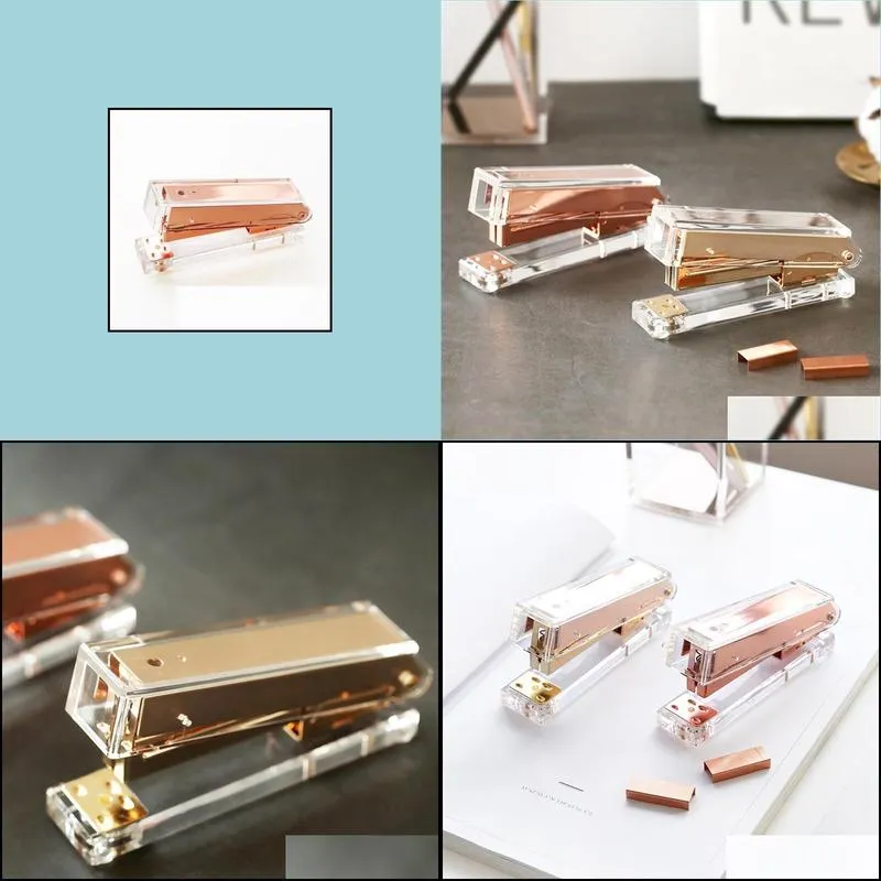 luxury rose gold manual stapler fashion metal acrylic 24/6 26/6 include 1000pcs grapadora papelaria 220510