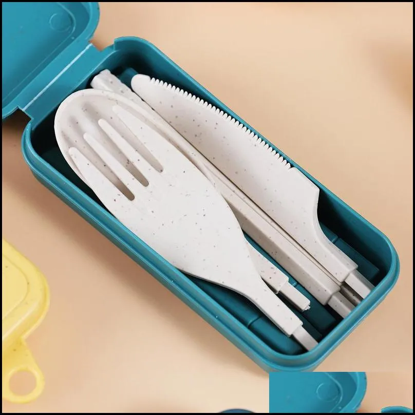 wheat straw tableware set portable folding tablewares cutlery knife fork spoon chopsticks detachable with storage box