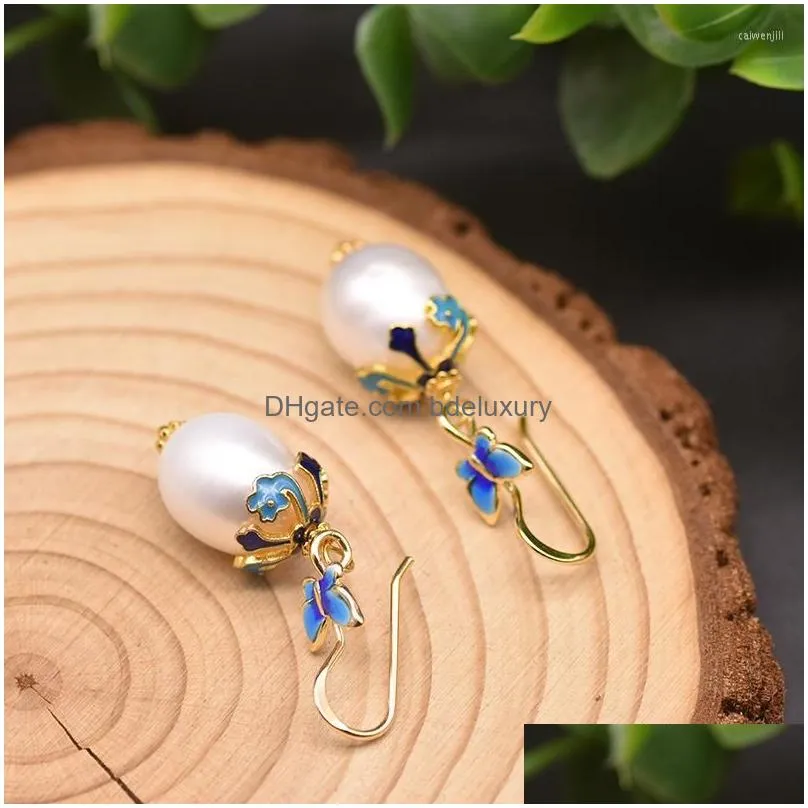 dangle earrings natural  water baroque pearl cloisonne butterfly drop for women party gift handmade jewelry accessories