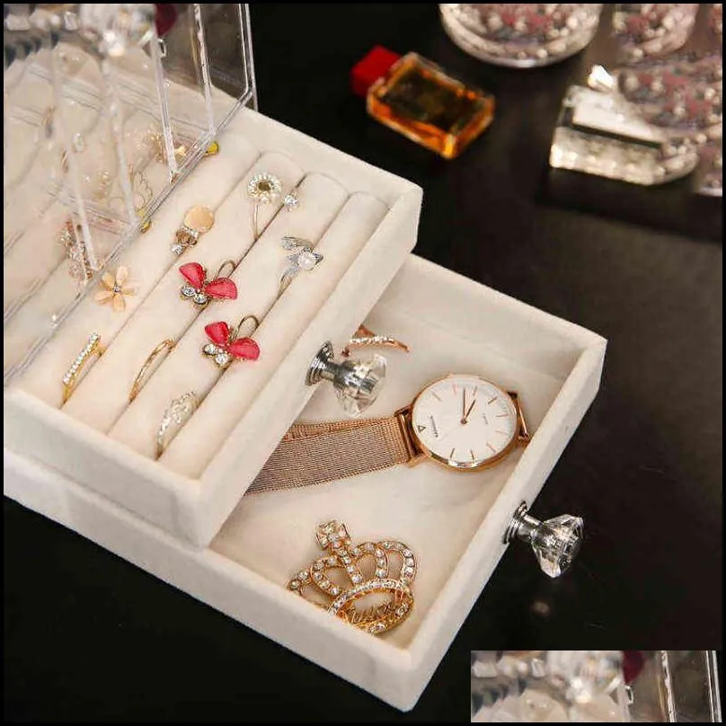 transparent acrylic jewelry storage box case organizer for womens necklace ring display stand dresser dustproof rack 211102