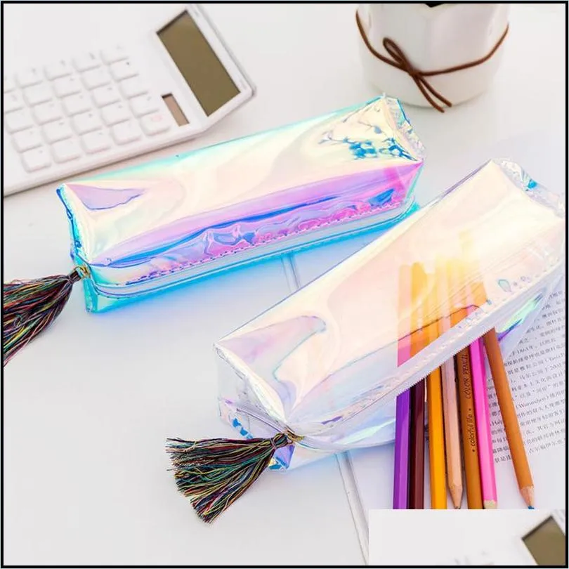 transparent laser pencil case cute stationery tassels pencil bags cosmetic makeup bag tassels zipper for school office travel dhs