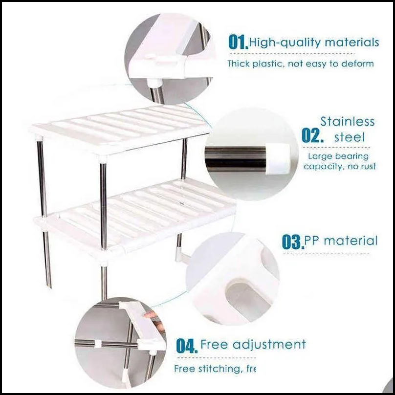 stainless steel floor type holder adjustable extendable double layer dishes storage rack kitchen under sink multifunction shelf 211102