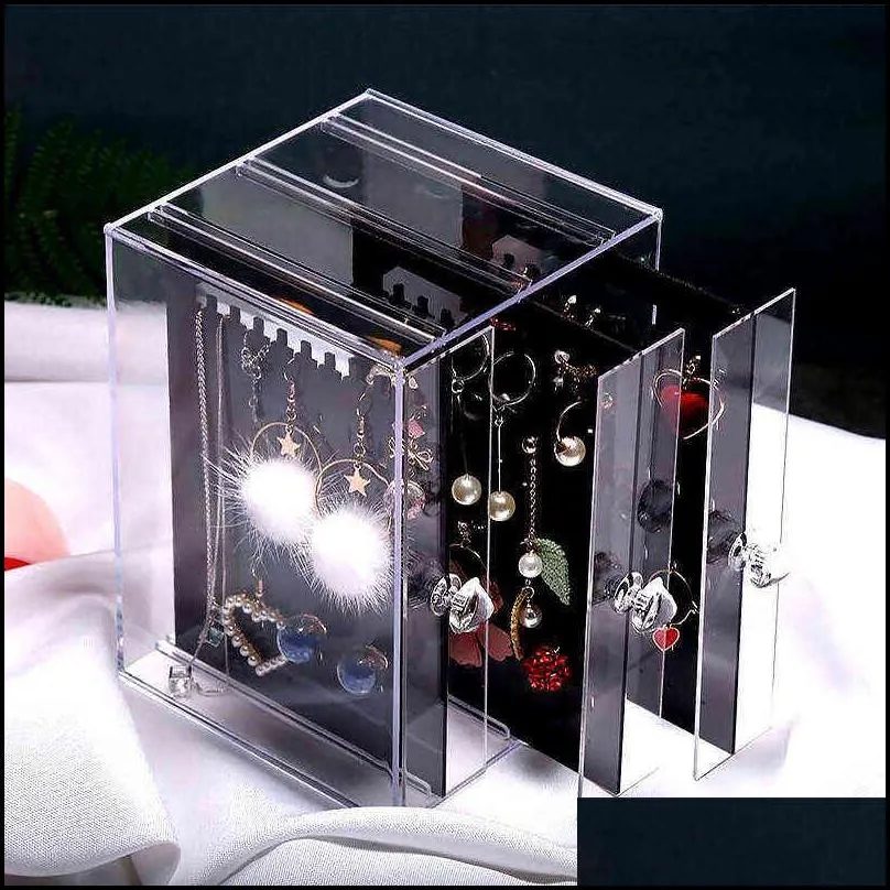 transparent acrylic jewelry storage box case organizer for womens necklace ring display stand dresser dustproof rack 211102