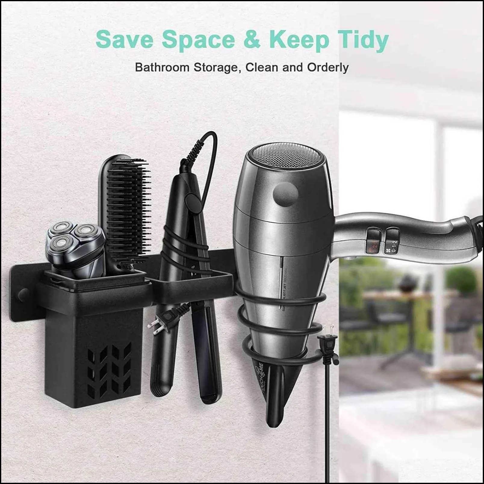 wallmounted hair dryer holder bathroom care tool storage box multifunctional spacesaving space saving 211102