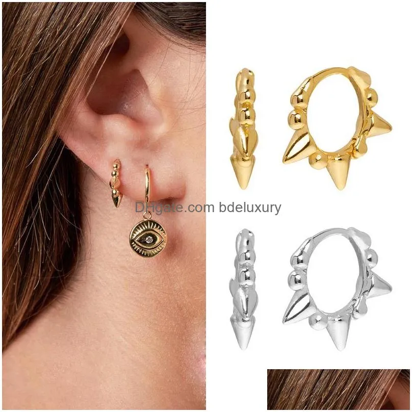 hoop huggie gold punk rivets beads tiny hoops cartilage earrings for women small round ear buckle 925 sterling silver jewelry