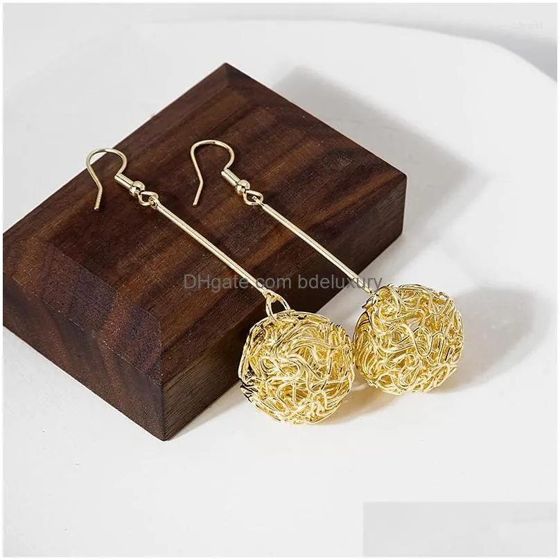dangle earrings creative hollow braid metal ball long drop for women gold color alloy geometric hanging pendientes 2022