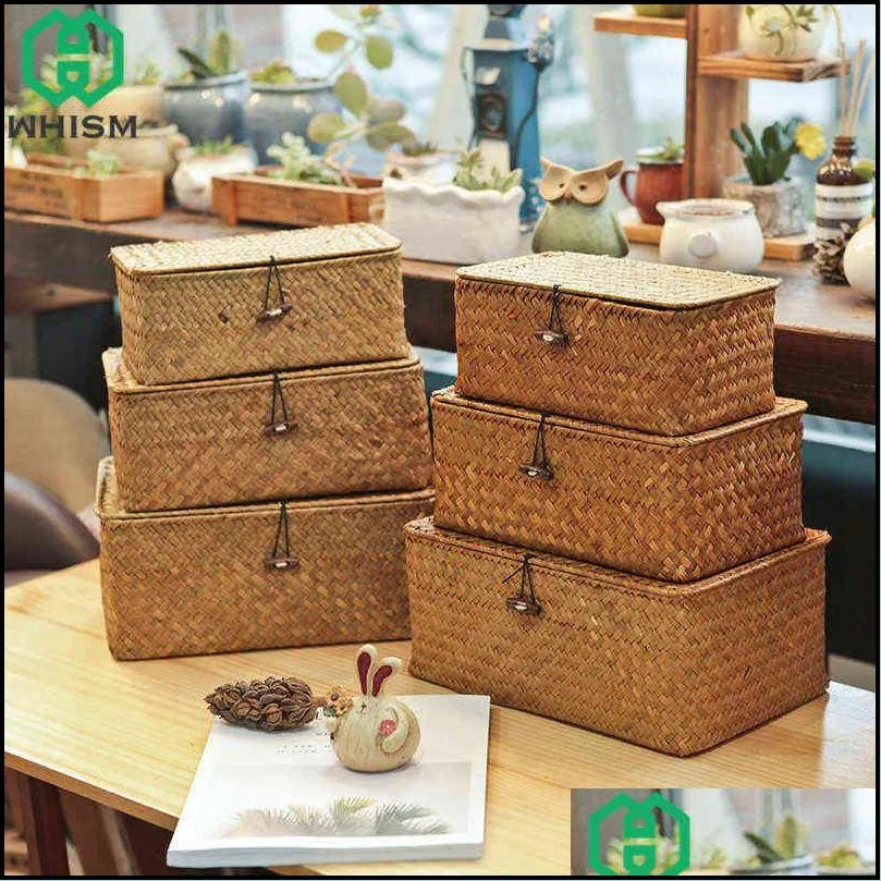 whism handmade woven storage box with lid rattan basket jewelry food container makeup organizer toys es 211102