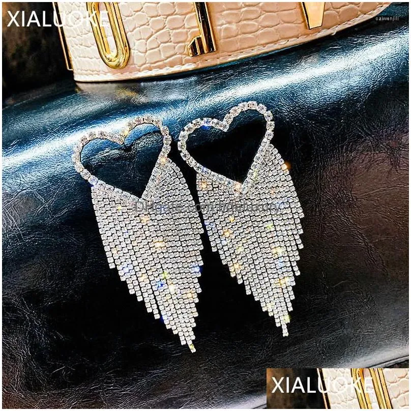 dangle earrings xialuoke long tassel hollow out heart drop for women luxury elegant mosaic rhinestone large statement jewelry