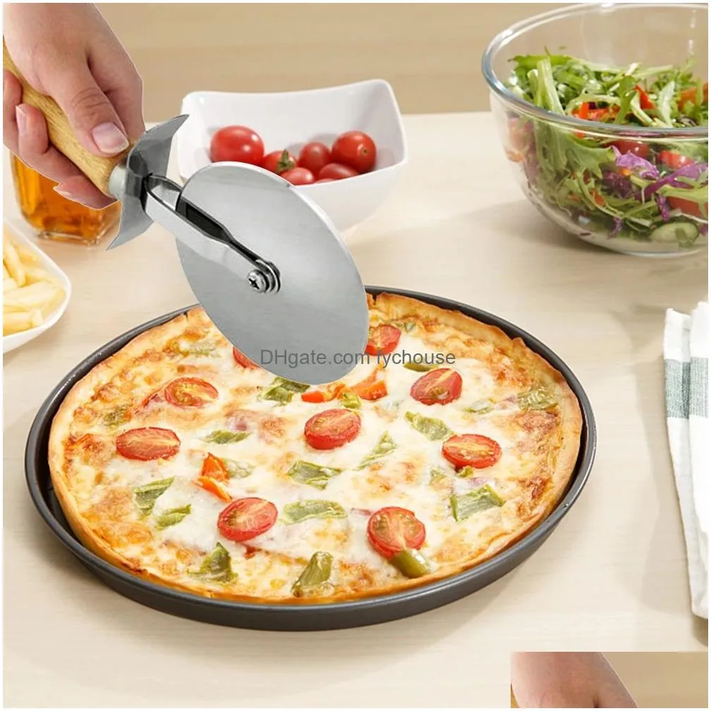 round pizza cutter tool stainless steel confortable with wooden handle pizza knife cutters pastry pasta dough kitchen bakeware tools