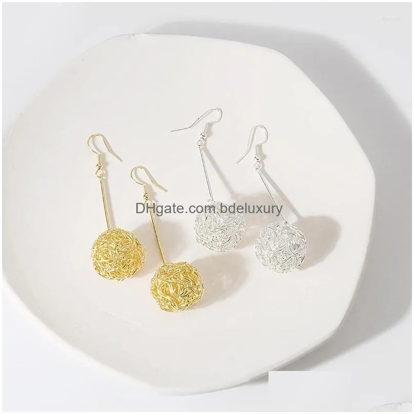 dangle earrings creative hollow braid metal ball long drop for women gold color alloy geometric hanging pendientes 2022