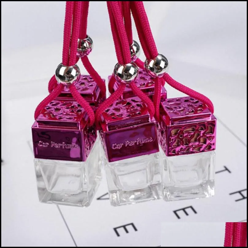 square shape glass car perfume bottles pendant 6ml perfumes empty hanging cars diffuser bottle 4 colors