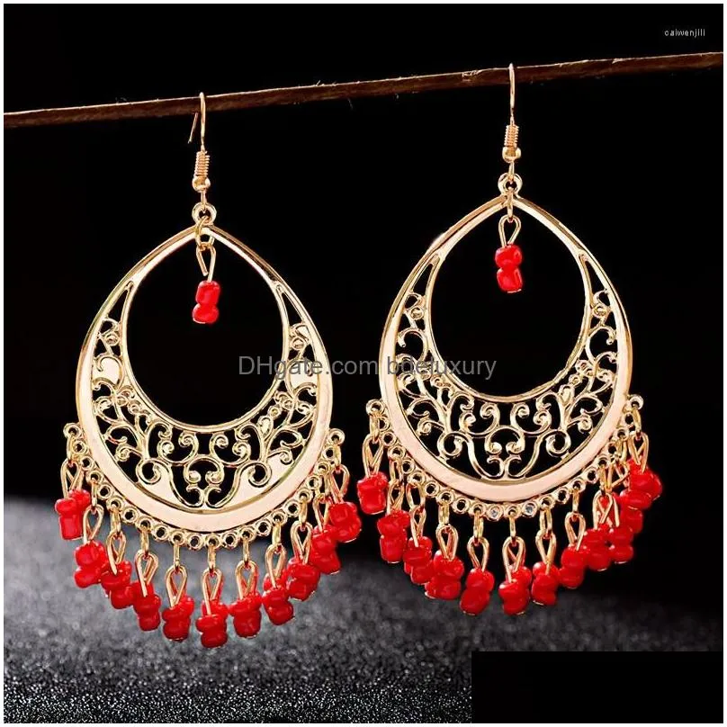 dangle earrings 2022 fashion imitation gemstone earring jewelry vintage hollow beads tassel bijoux e049