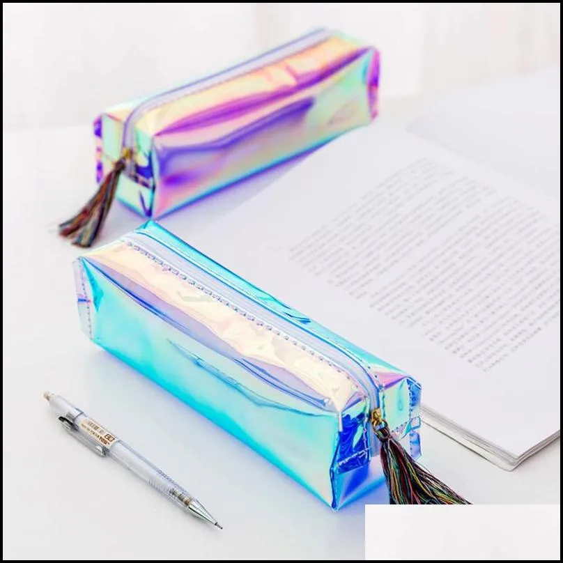 transparent laser pencil case cute stationery tassels pencil bags cosmetic makeup bag tassels zipper for school office travel dhs