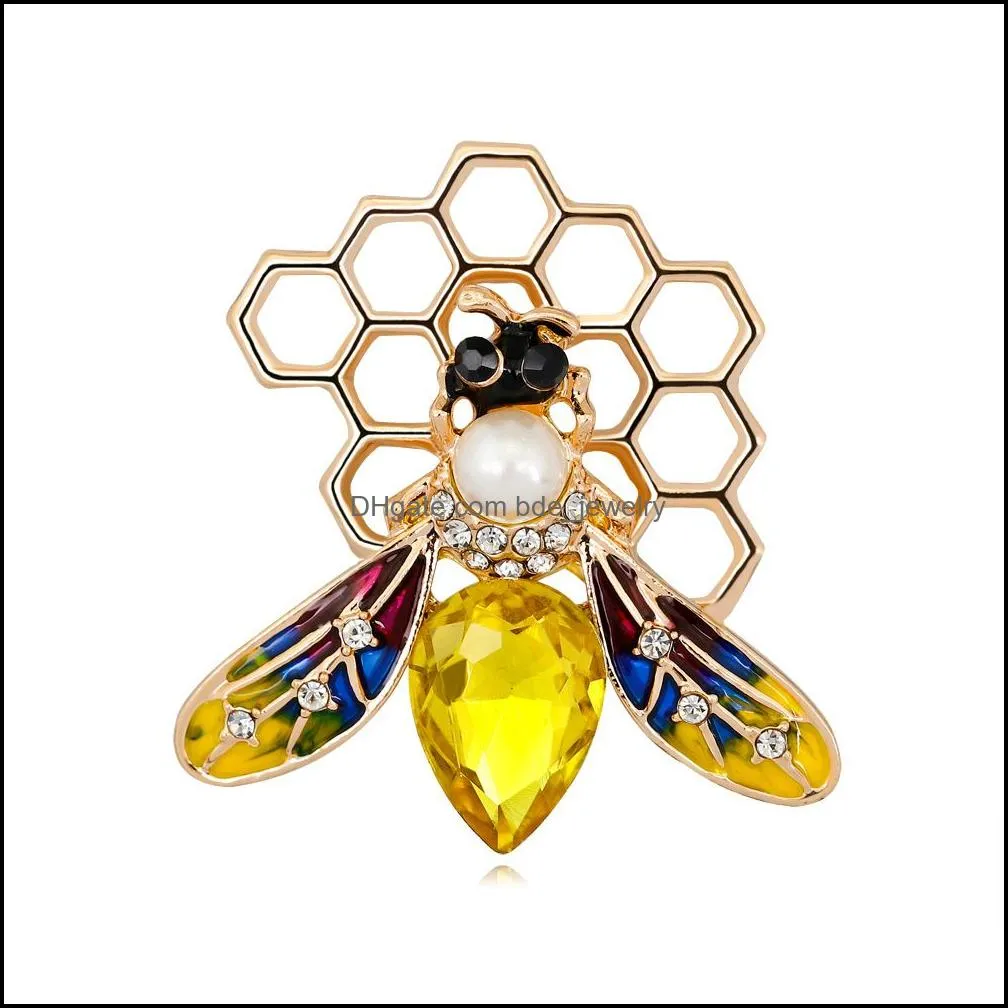 crystal enamel honeycomb bee brooch pin business suit tops rhinestone corsage brooches for women men fashion jewelry