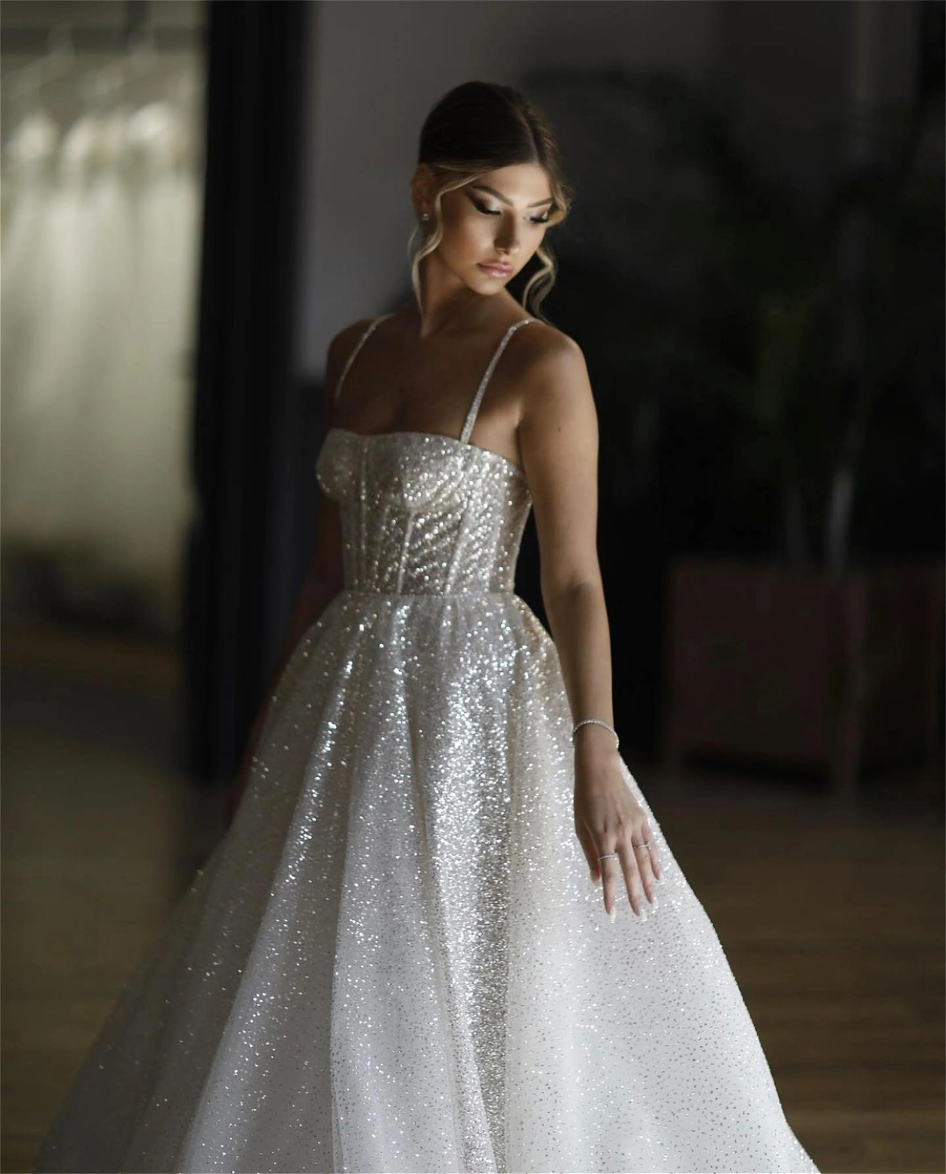 Plus Size A Line Wedding Dresses Sparkly Sequined Sexy Spaghetti Bridal Gowns Sweep Train Romantic Dress Robe De Mariee