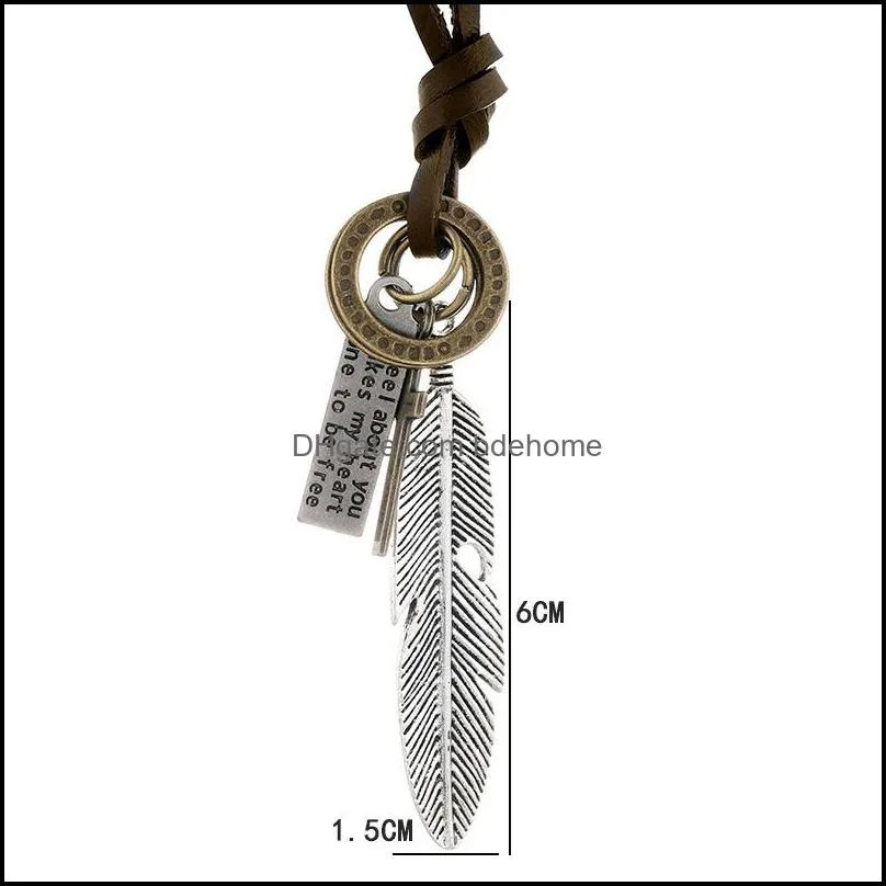 punk bird feather pendant necklace ancient letter id cross charm adjustable leather chain necklaces for women men fashion jewelry gift