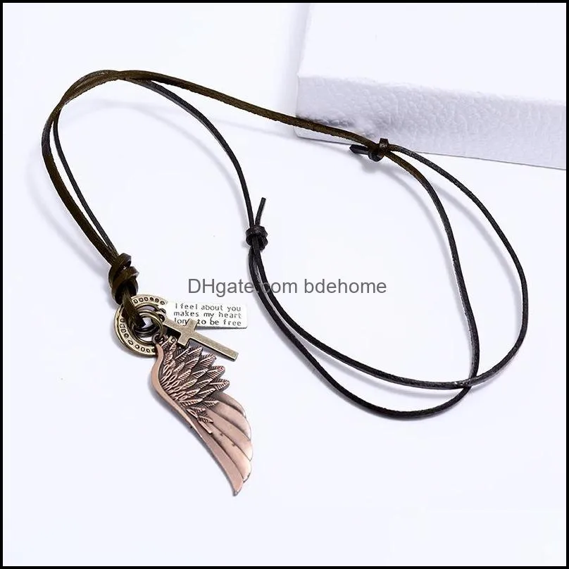 retro angel wing necklace letter id ring corss charm adjustable leather chain necklaces for women men fashion jewelry gift