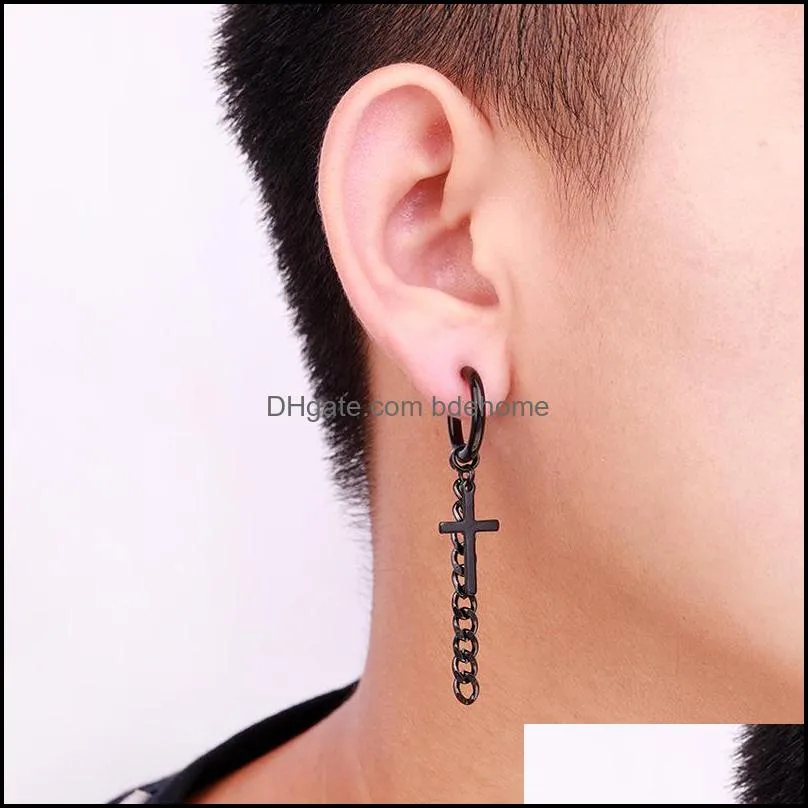 cross chain tassel hip hop earrings dangle stainless steel no hole clip on ear rings fashion jewelry for women men gift