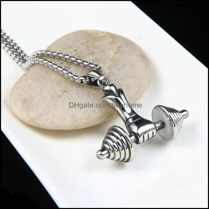 gym sport hand weight lifting dumbbell pendant necklace retro stainless steel necklaces chains hip hop fashion jewelry